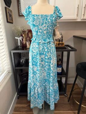 Smocked Square-Neck Floral Maxi Dress in Turquoise & White